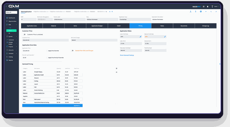 Application pricing with profit rates, overhead and itemized labor, material and items