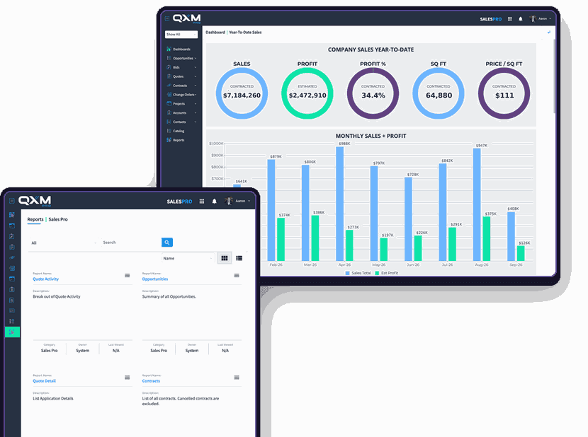 Sales dashboard with company year to date figures, and the report library behind it